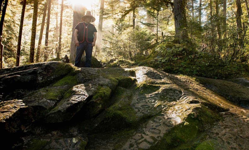 Indigenous person in cedar hat standing in the Great Bear Rainforest