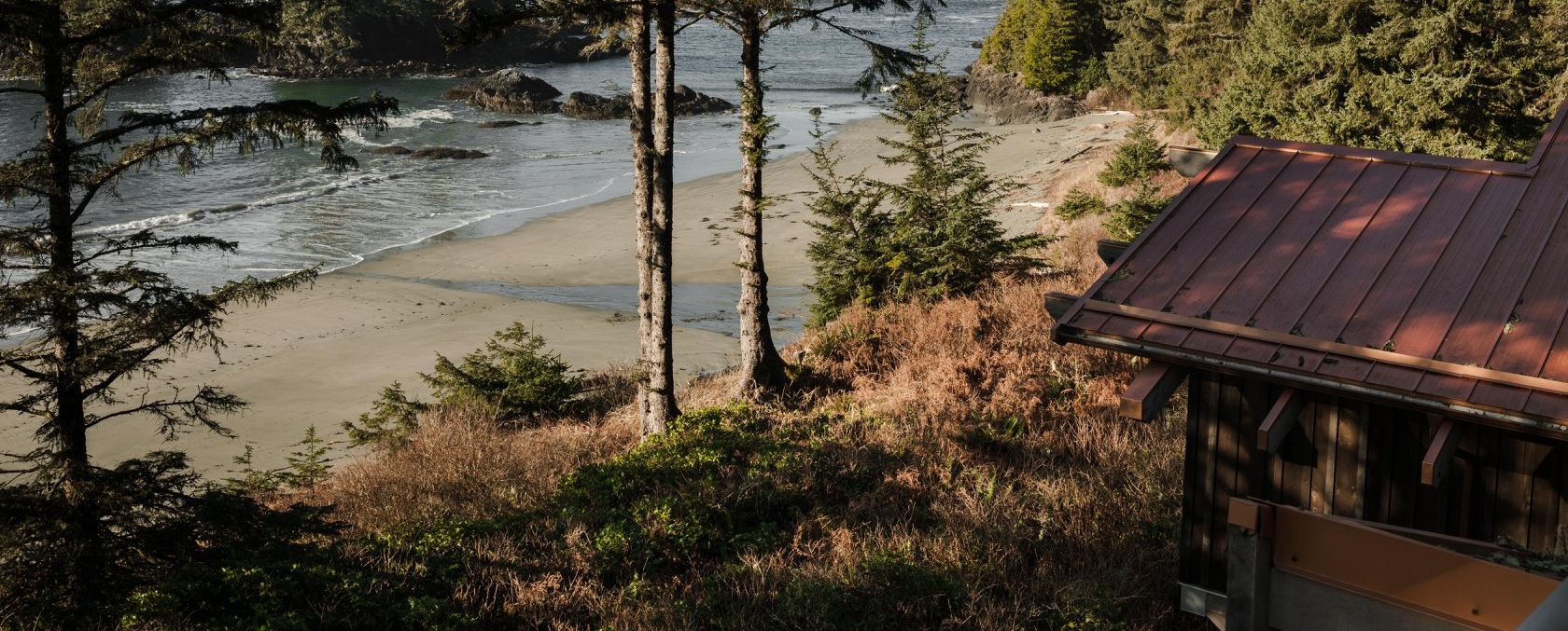 A log cabin in the woods overlooking the water