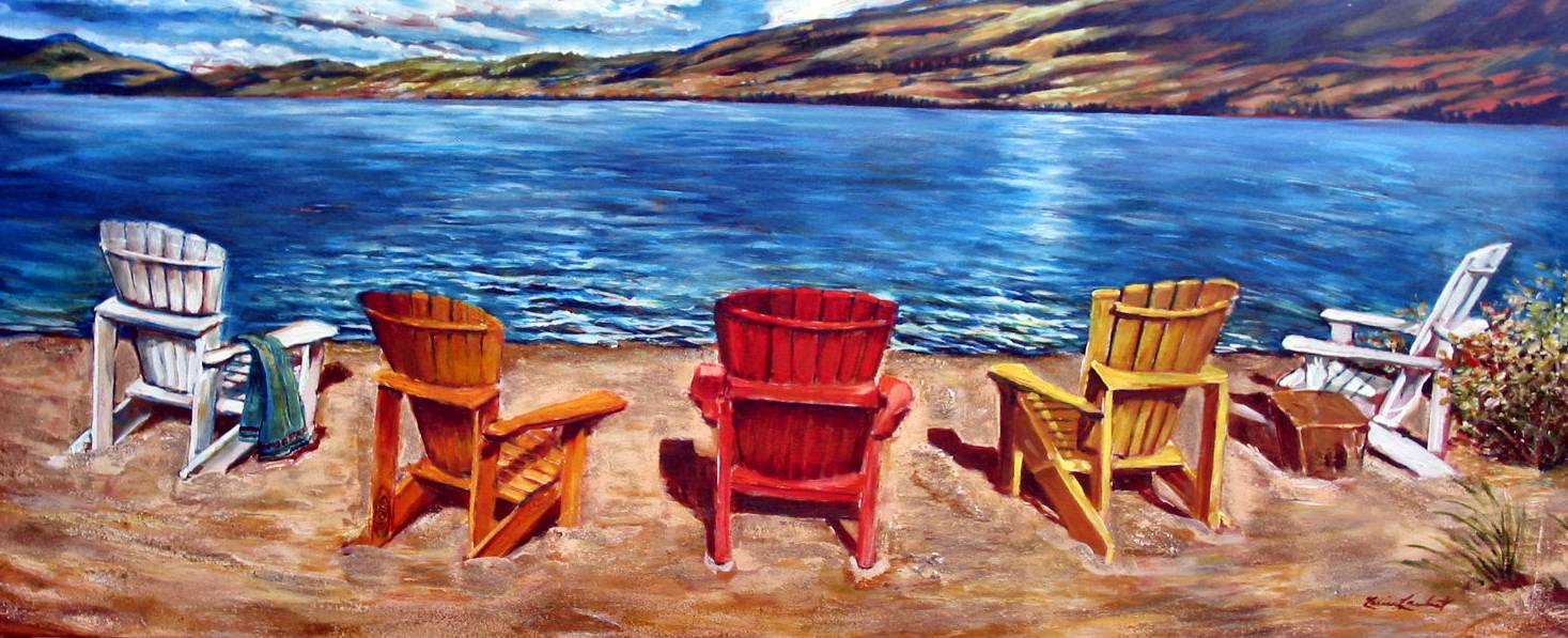 Painting of five beach chairs on the sand, overlooking the water