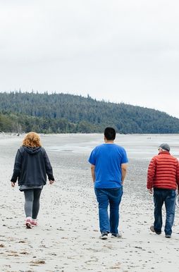 3 people walking along the water