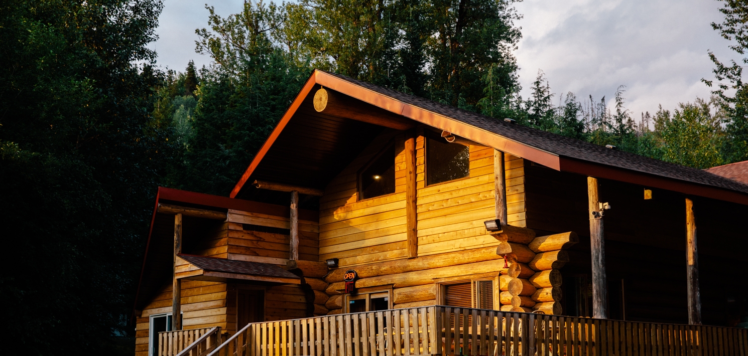 Front View of Vetter Falls Lodge at Sunset