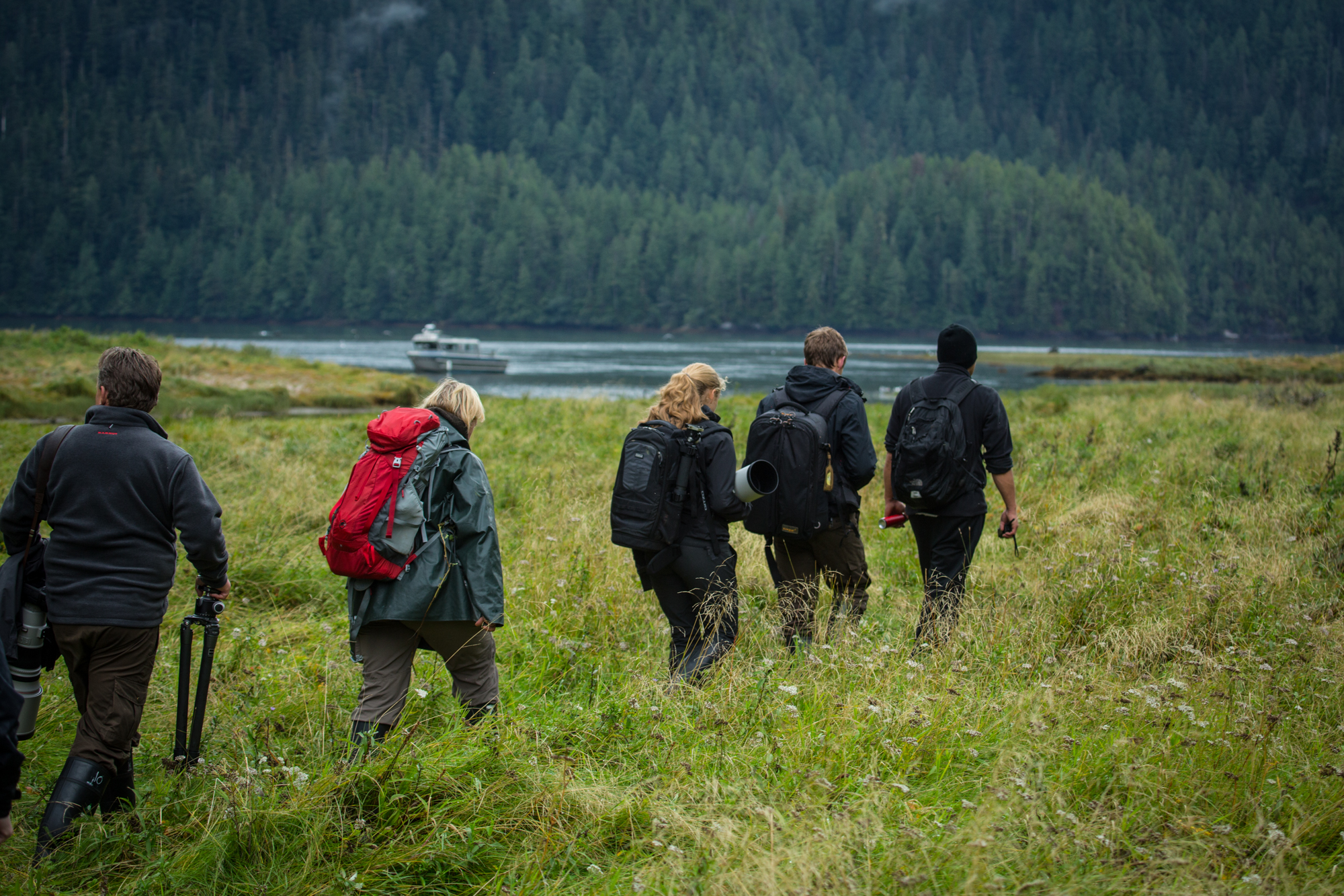 four hikers walk through the tall grass while boat travels in body of water behind them