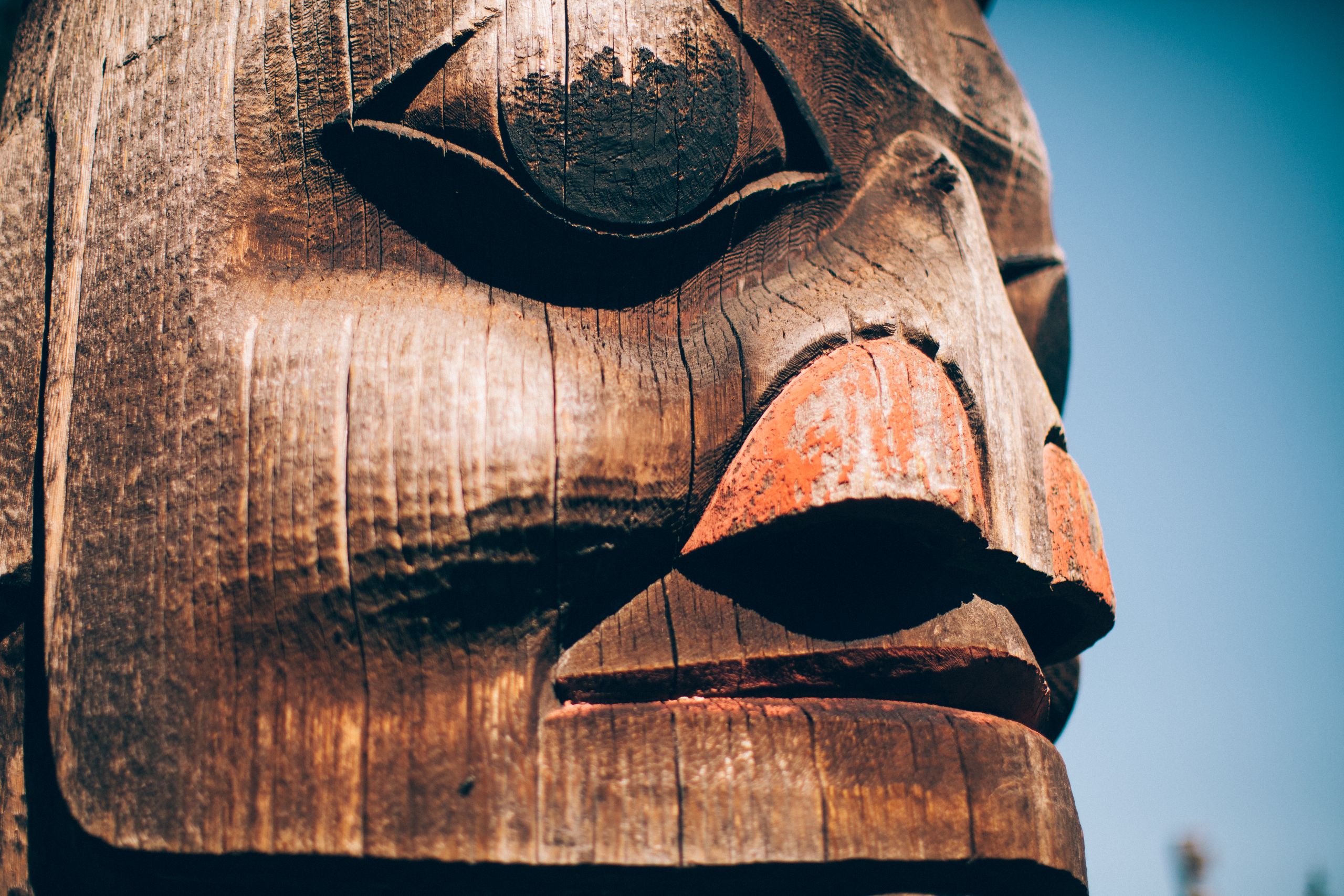 Close up of an Totem pole carved face