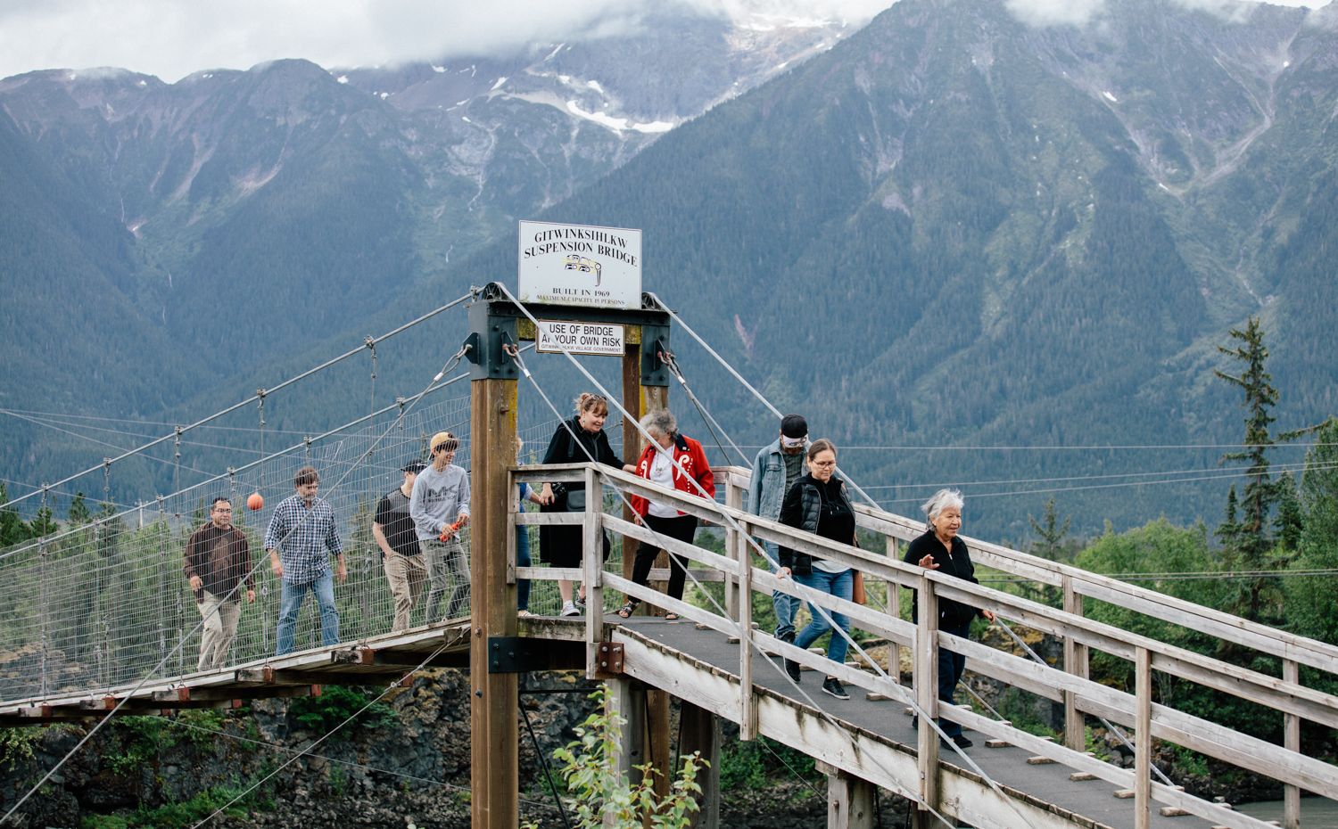 People walking across a suspension bridge